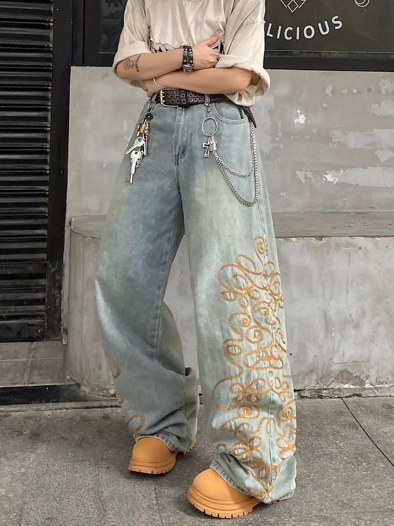 Distressed Wide‑Leg Denim Jeans – Unisex Street‑Style Loose Fit