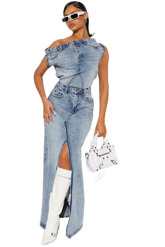 Women's Denim Skirt Suit Retro Split Design