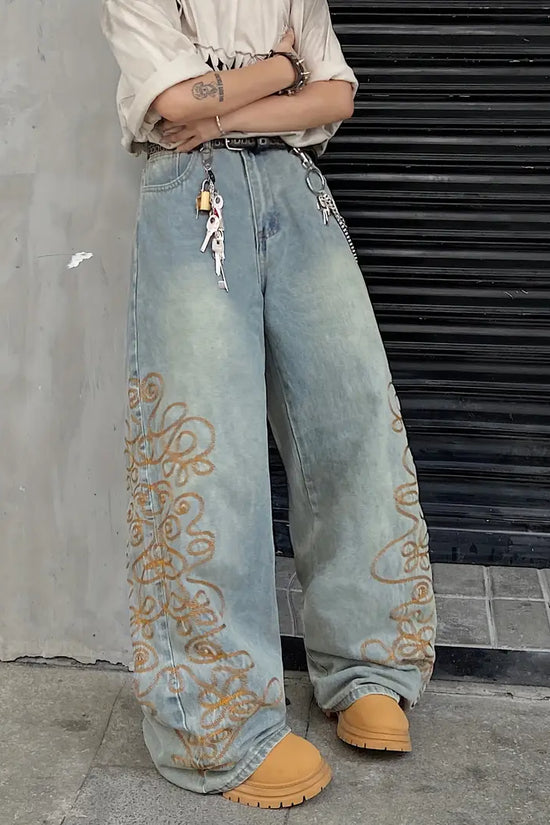 Distressed Wide‑Leg Denim Jeans – Unisex Street‑Style Loose Fit