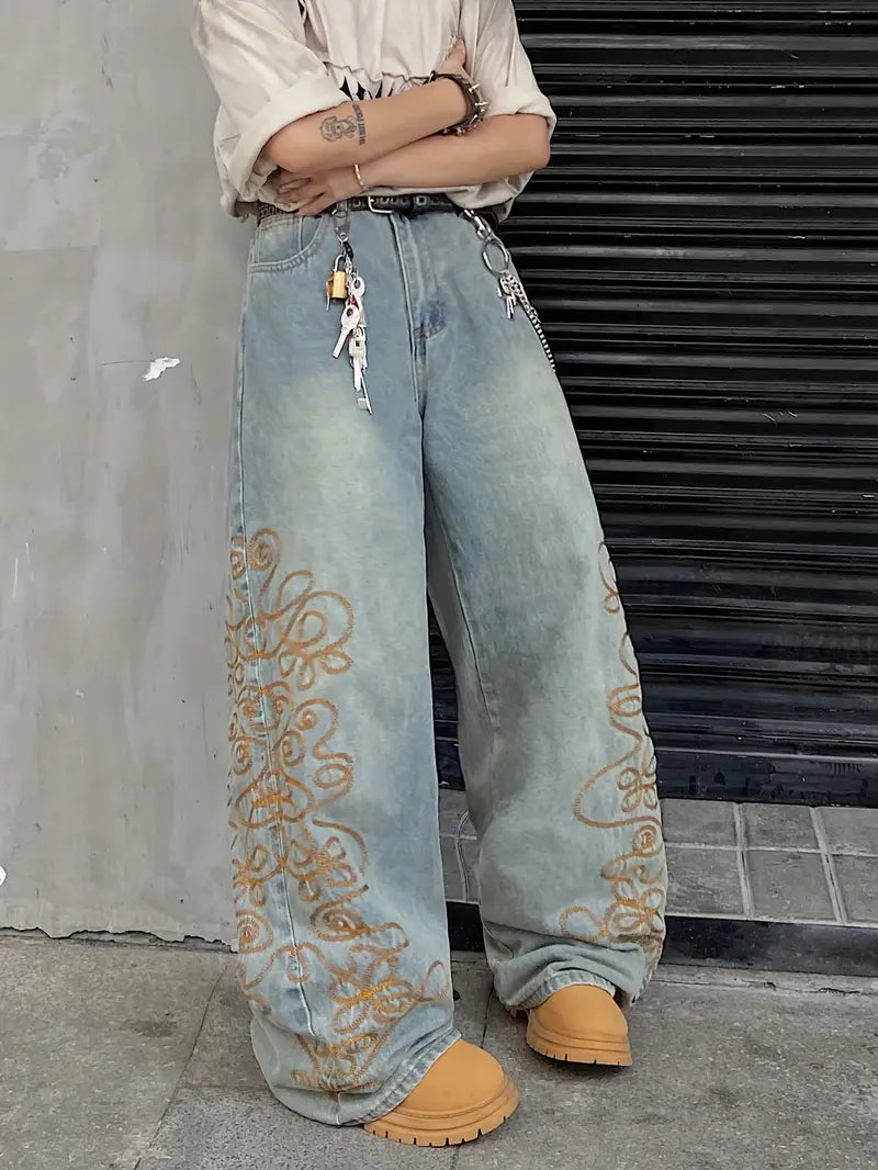 Distressed Wide‑Leg Denim Jeans – Unisex Street‑Style Loose Fit