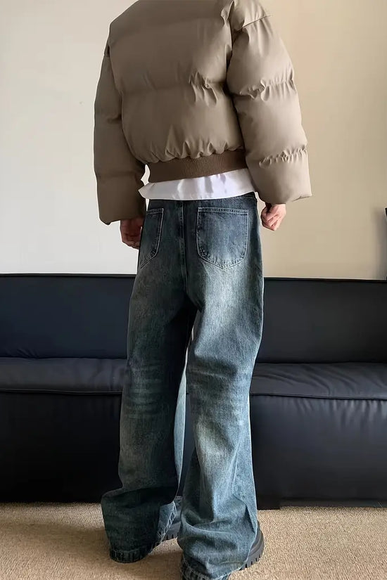 Men's Letter Print Wide Leg Denim Jeans Loose Street Style