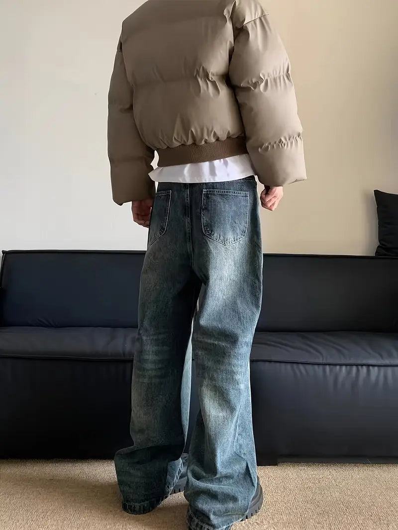 Men's Letter Print Wide Leg Denim Jeans Loose Street Style