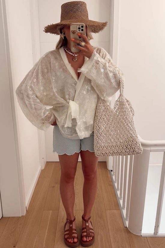 Sequins Long Sleeve V-Neck Blouse