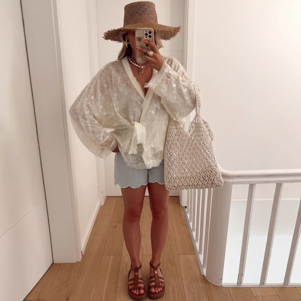 Sequins Long Sleeve V-Neck Blouse