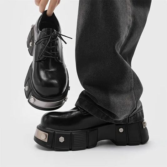 Men's High‑Top Platform Derby Boots – Solid Colour, Non‑Slip Rubber Sole