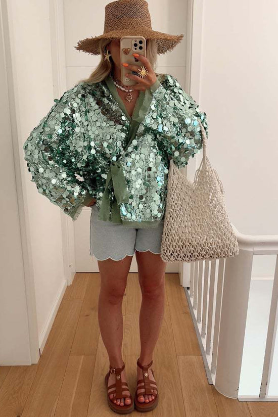 Sequins Long Sleeve V-Neck Blouse