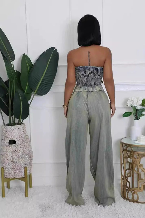 Women's Strapless Vest and Distressed Jeans Set