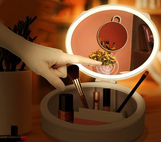 LED Desktop Makeup Mirror with LED Light, Storage Box, White