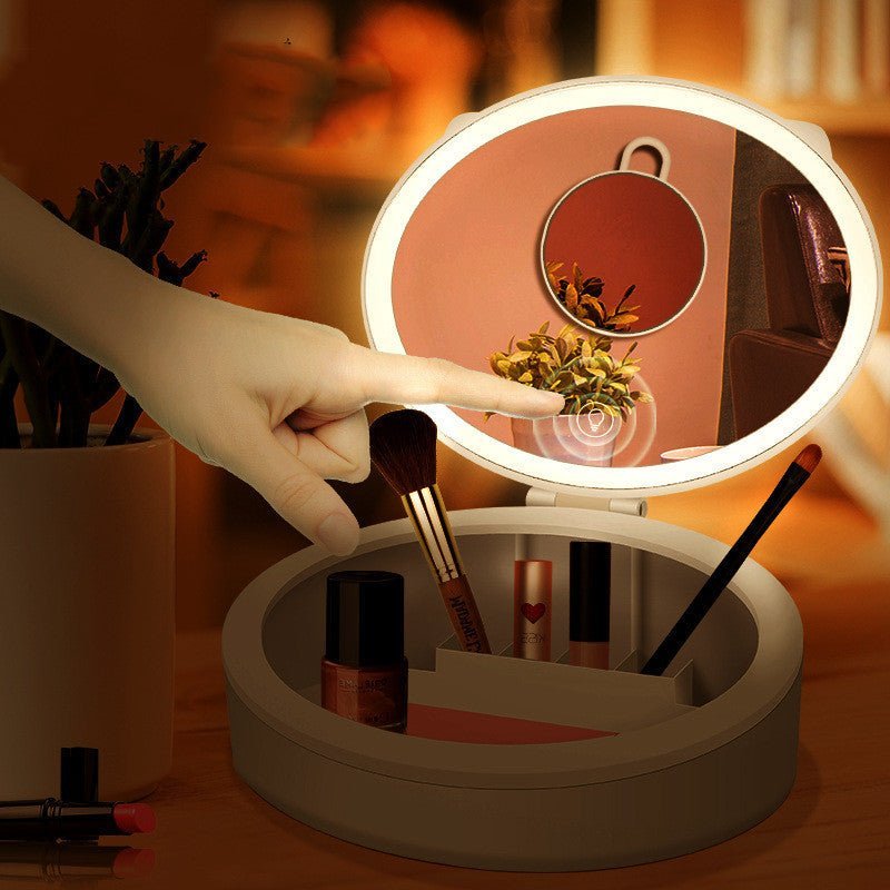 LED Desktop Makeup Mirror with LED Light, Storage Box, White