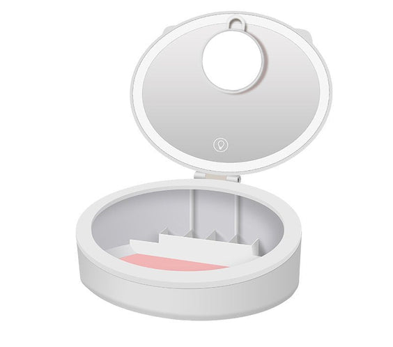 LED Desktop Makeup Mirror with LED Light, Storage Box, White