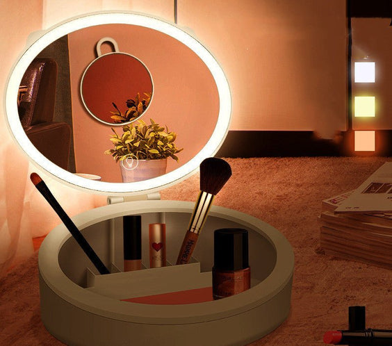 LED Desktop Makeup Mirror with LED Light, Storage Box, White