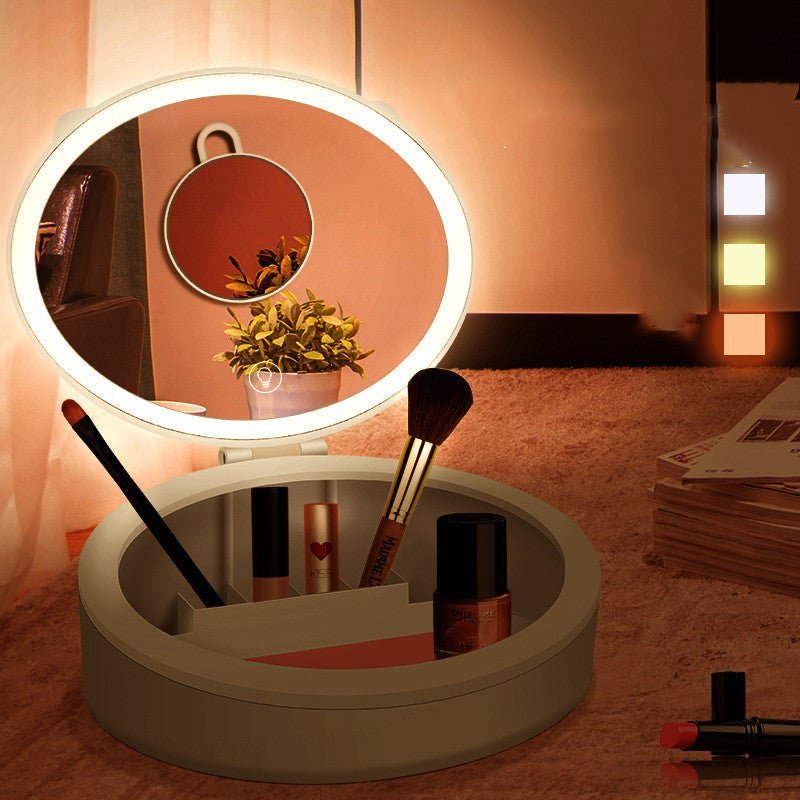 LED Desktop Makeup Mirror with LED Light, Storage Box, White