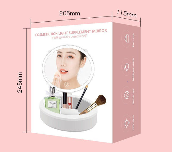 LED Desktop Makeup Mirror with LED Light, Storage Box, White
