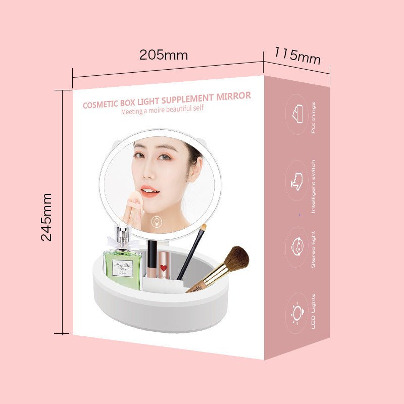 LED Desktop Makeup Mirror with LED Light, Storage Box, White