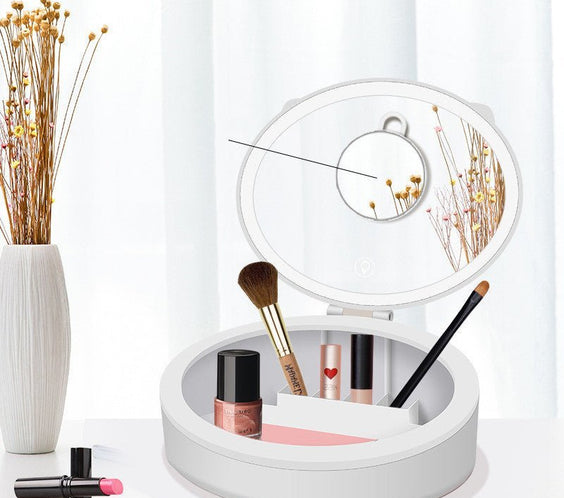 LED Desktop Makeup Mirror with LED Light, Storage Box, White