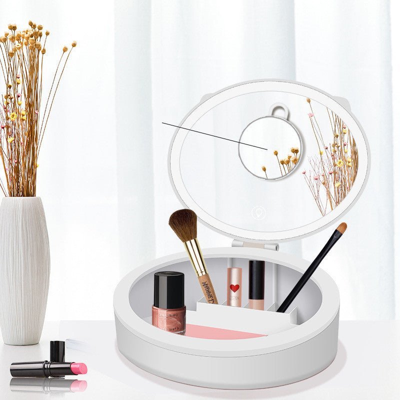 LED Desktop Makeup Mirror with LED Light, Storage Box, White